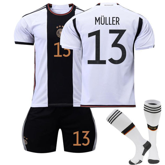 Set of 2022 Germany World Cup soccer shirts by American Smart EP, featuring No. 13, 19, 7, and 8 jerseys in team colors.