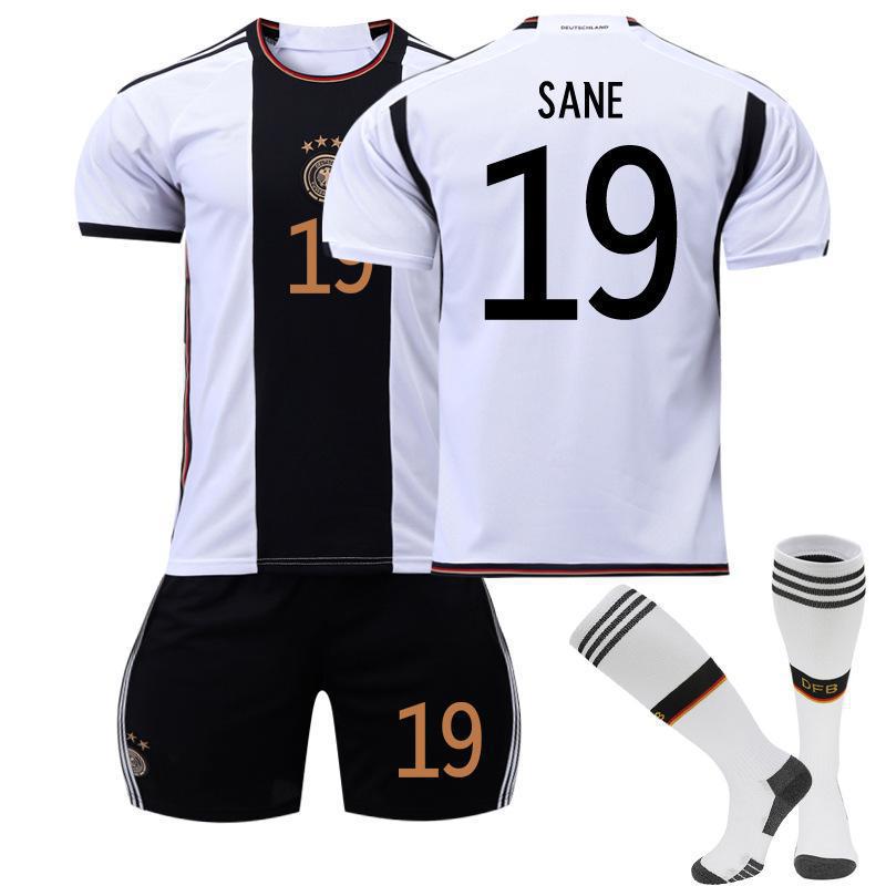 Germany 2022 World Cup soccer shirts set by American Smart EP, featuring jerseys with No.13, No.19, No.7, and No.8.