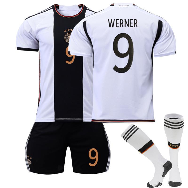 Set of Germany 2022 World Cup soccer shirts by American Smart EP featuring No.13, No.19, No.7, and No.8 jerseys.