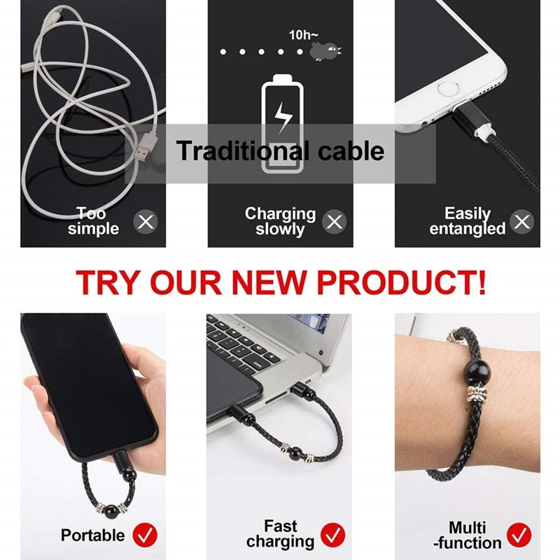 Leather portable USB Type C and Micro bracelet phone charger by American Smart - EP, showing a sleek leather bracelet with built-in charging ports.