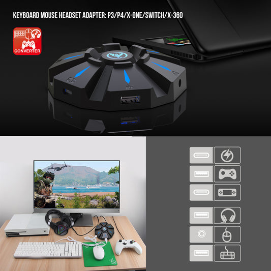 American Smart EP P9 keyboard and mouse converter set supporting gaming devices and gamepads, shown with connected equipment.