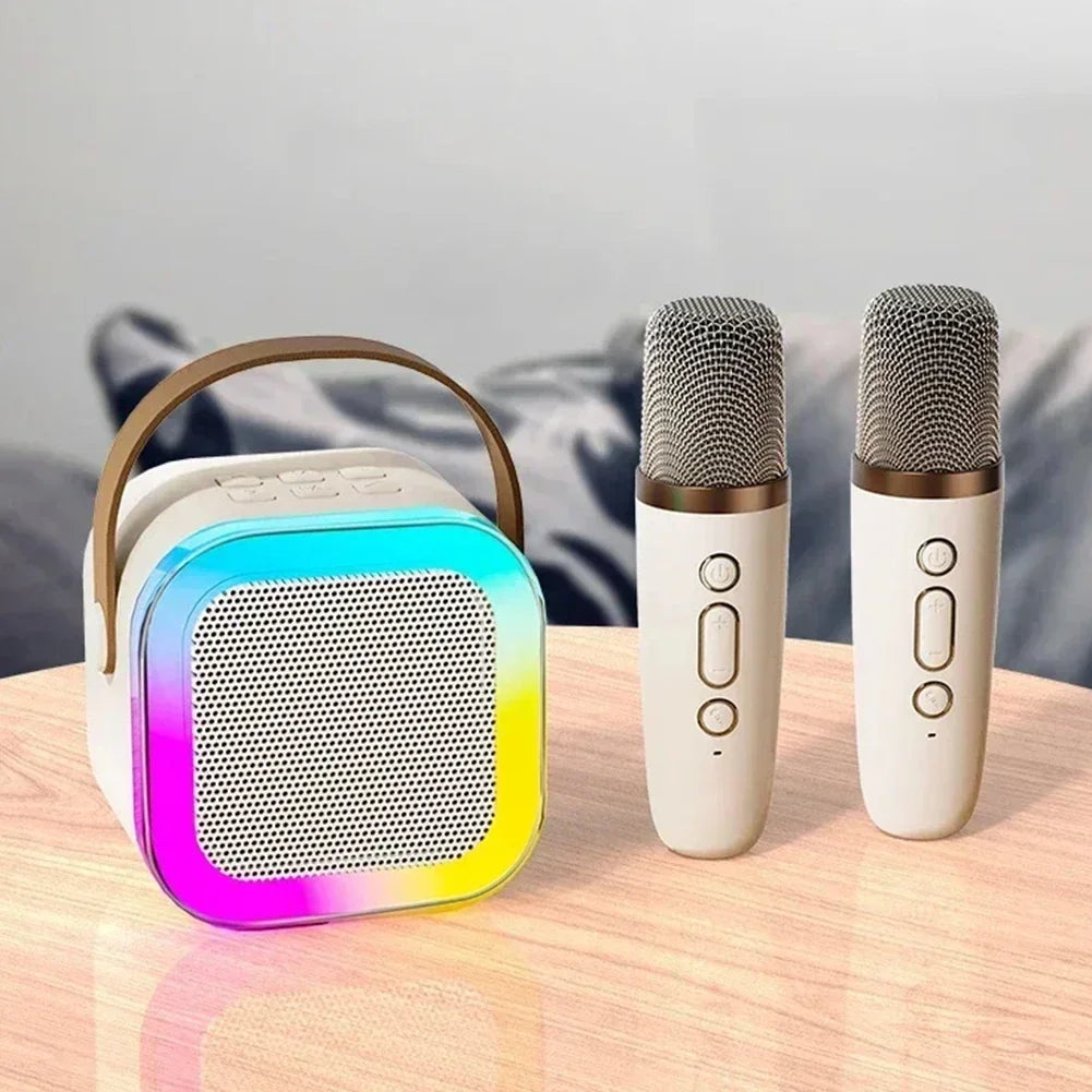 American Smart K12 wireless karaoke microphone and Bluetooth speaker with RGB LED lights, stereo sound, ideal for outdoor and home parties.