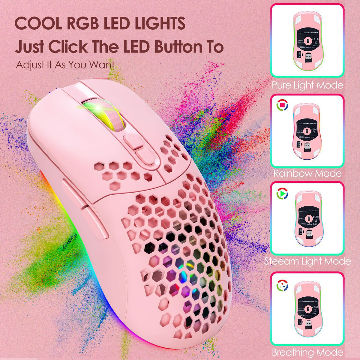 Charging hole the third mock examination Bluetooth wireless mouse lightweight mute cellular RGB light-emitting pink mouse - American Smart