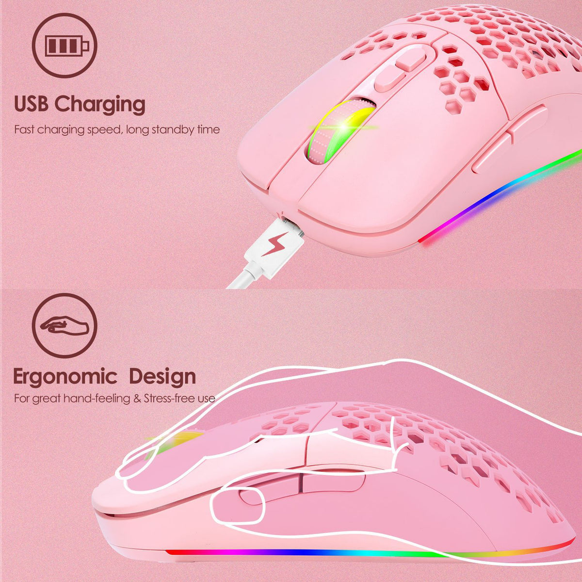 Charging hole the third mock examination Bluetooth wireless mouse lightweight mute cellular RGB light-emitting pink mouse - American Smart