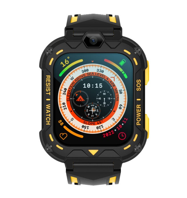 Children's smart watch with GPS, 4G connectivity, camera, and call features by American Smart EP, showing the watch face and side buttons.