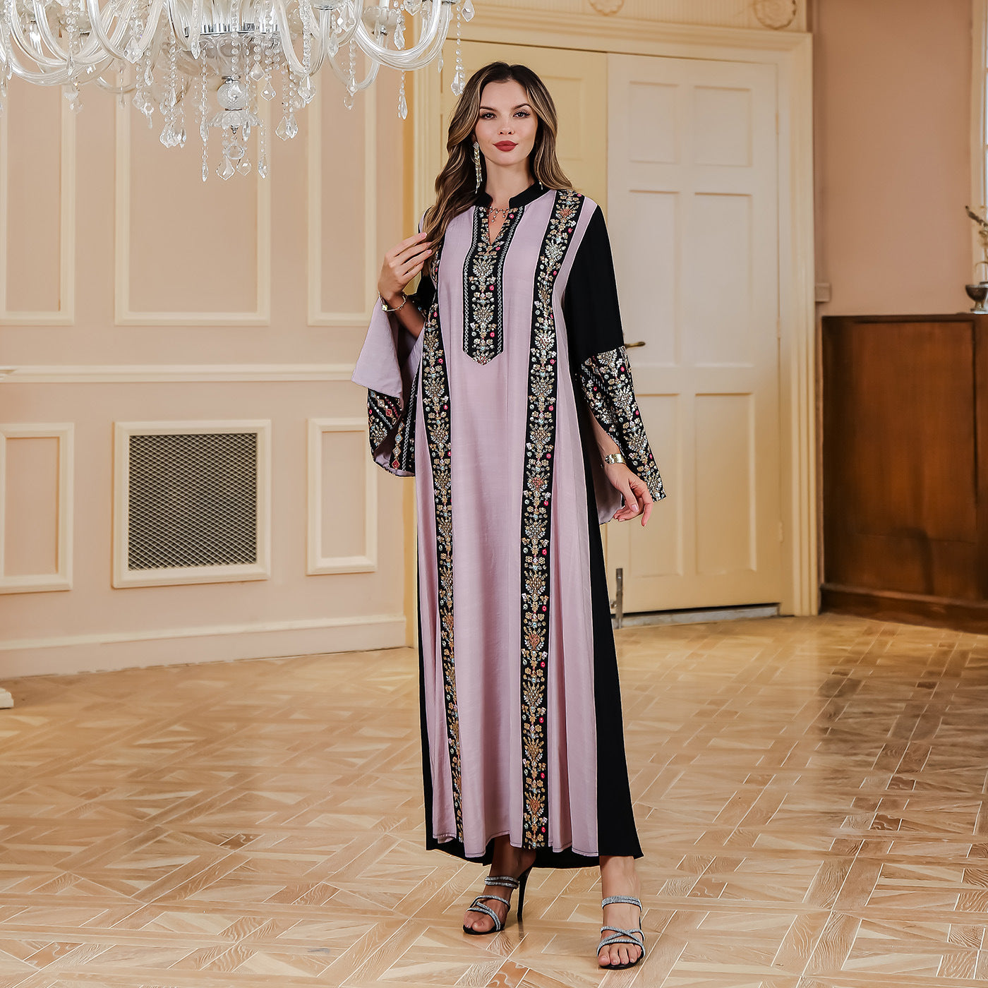 Embroidered Muslim dress by American Smart, Middle Eastern long robe with patchwork and intricate embroidery details