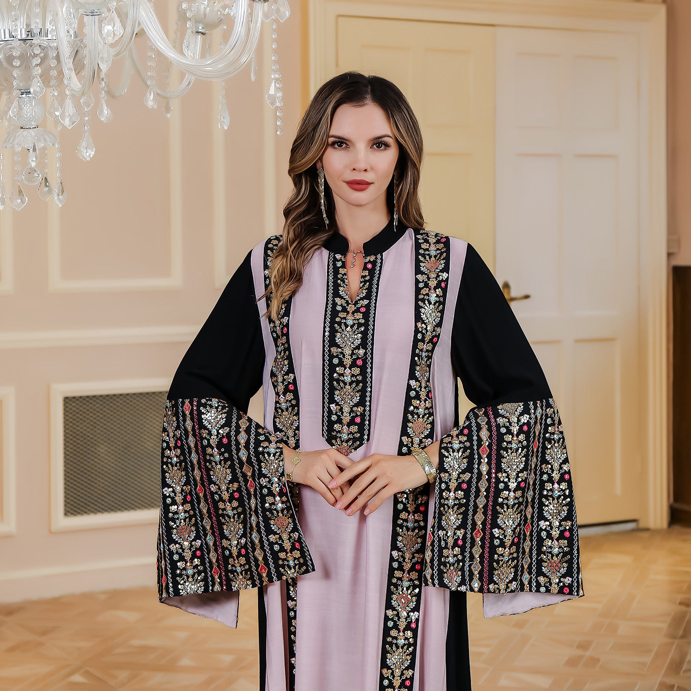 Embroidered middle eastern Muslim dress with patchwork, long robe from American Smart EP, featuring intricate embroidery and traditional style.