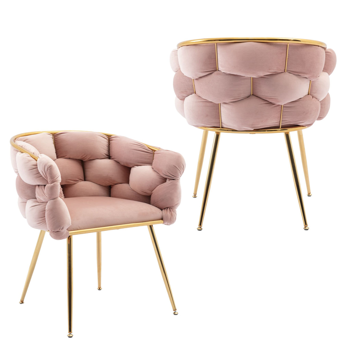 Set of two pink velvet modern leisure single chairs with back support, ideal as bedroom or manicure room stools.