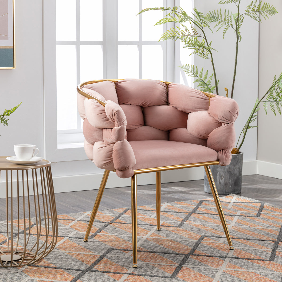 Pair of pink velvet modern leisure single sofa chairs with wooden legs, ideal for bedrooms or manicure tables, by American Smart EP