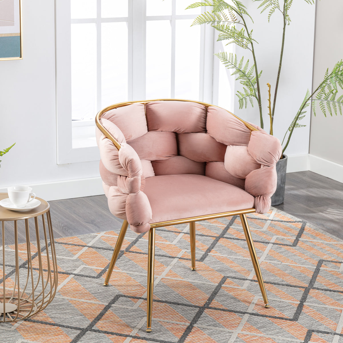 Set of two luxury pink velvet single sofa chairs with modern design, perfect as bedroom stools or manicure back chairs by American Smart.
