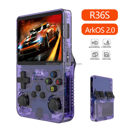 Handheld R36S portable arcade joystick from American Smart EP, featuring retro design and open-source gaming console in black and red.