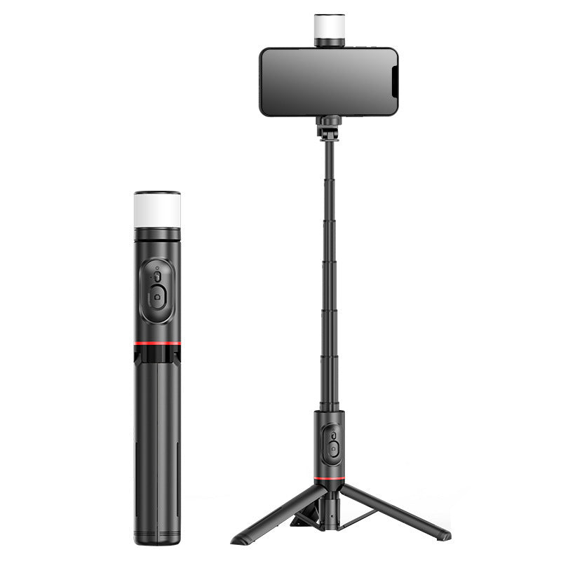 American Smart EP mobile phone selfie stick with rotating fill light, hidden tripod, and live streaming stand, shown in use.