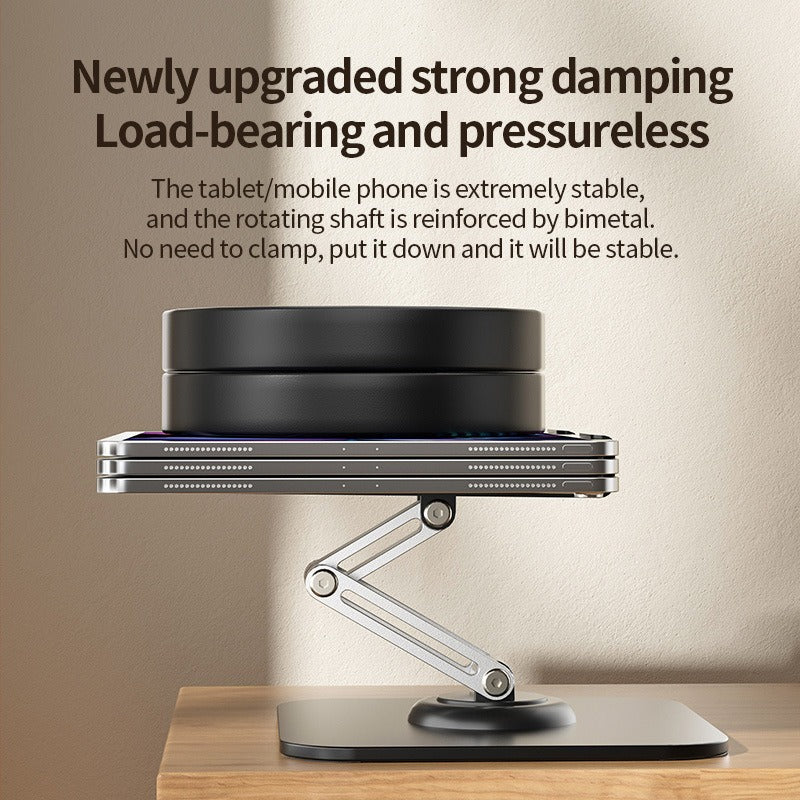 American Smart EP 360-degree adjustable tablet stand on a desk, showcasing versatile support for tablets and devices.