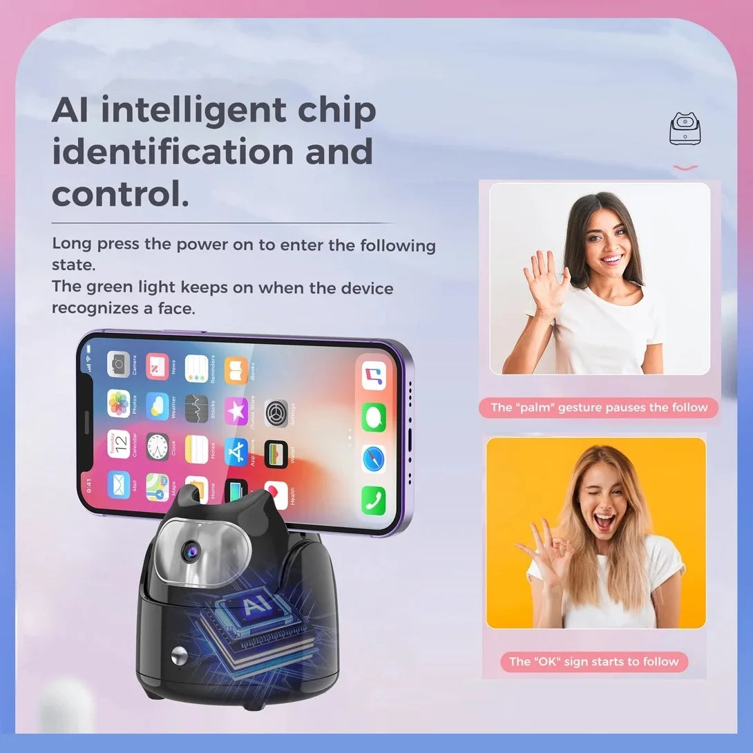 American Smart EP 360° rotation mobile phone gimbal with AI face recognition and automatic face tracking for live vlogging.