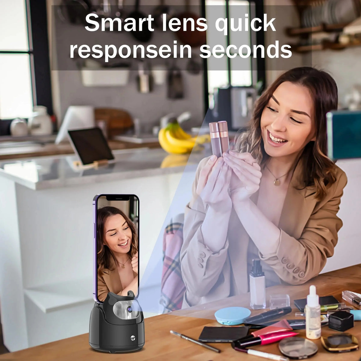 American Smart EP 360° rotation AI face recognition mobile phone gimbal for live vlogs, with automatic tracking and tripod stand.
