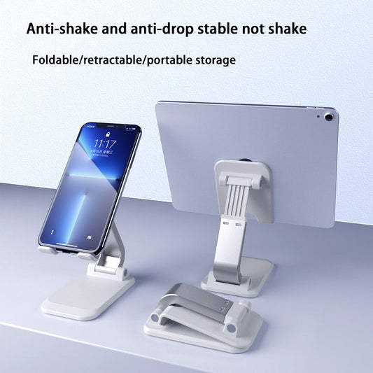 American Smart EP cell phone stand on a desk, foldable and retractable design, supports tablets and smartphones for hands-free use.