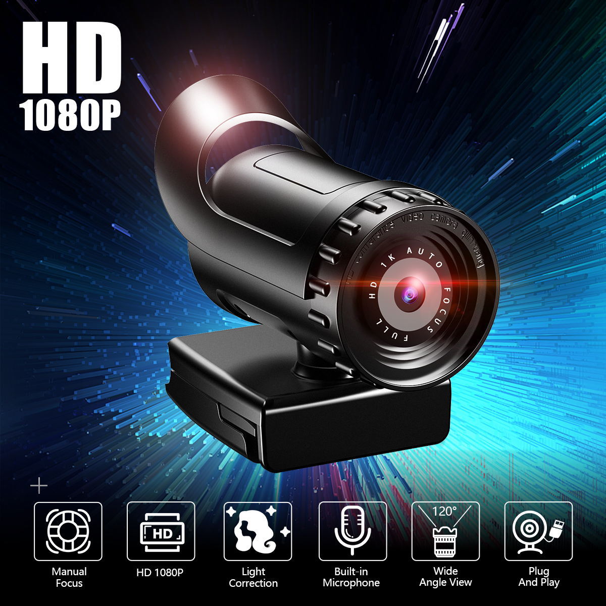 American Smart EP 4K auto focus 1080p HD webcam showing lens and built-in microphone for live video streaming and video calls.