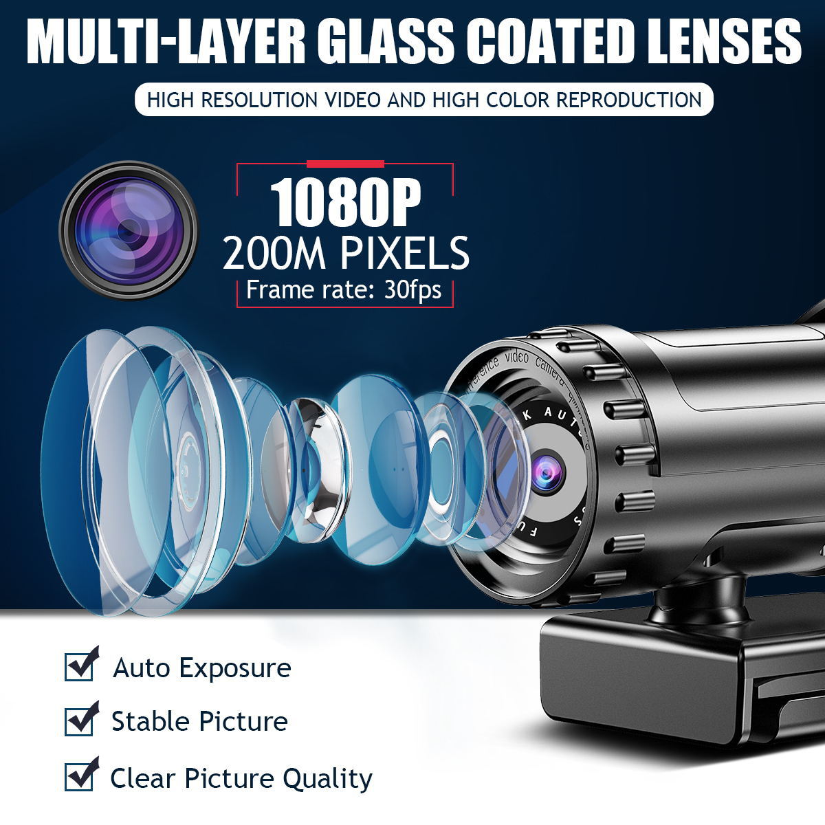 American Smart 4K auto-focus USB webcam with 1080p HD video, ideal for live streaming and video calls on computers.