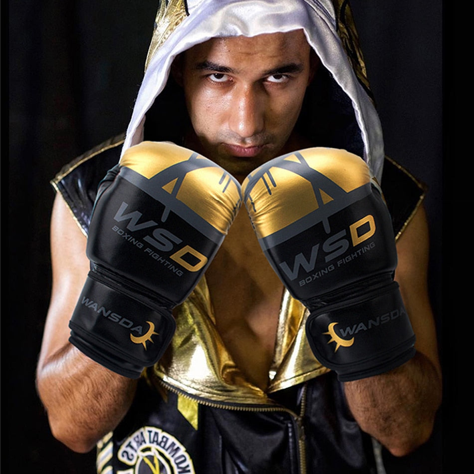 Black PU kick boxing gloves for men and women, designed for MMA, Muay Thai, karate, and sanda training, by American Smart EP.