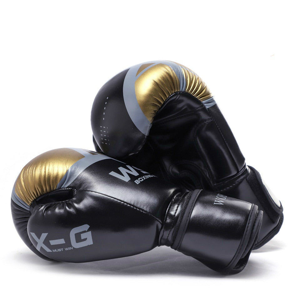 Black PU kick boxing gloves for men and women, American Smart - EP, suitable for MMA, Muay Thai, karate, and sanda training.