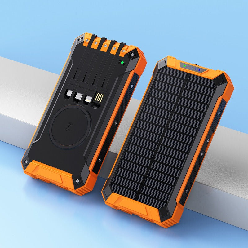 American Smart wireless solar power bank with 20000mAh capacity, outdoor portable mobile phone charger, renewable solar energy.