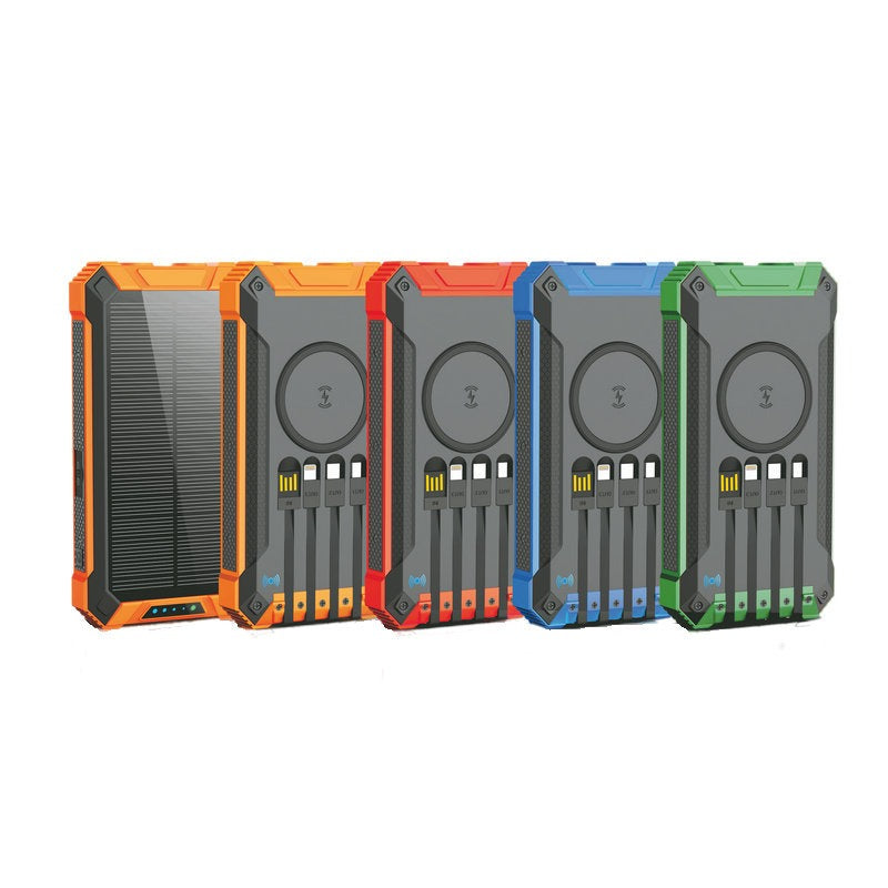 American Smart EP wireless solar power bank with 20000mAh capacity, outdoor mobile phone charger with solar panels and multiple USB ports.