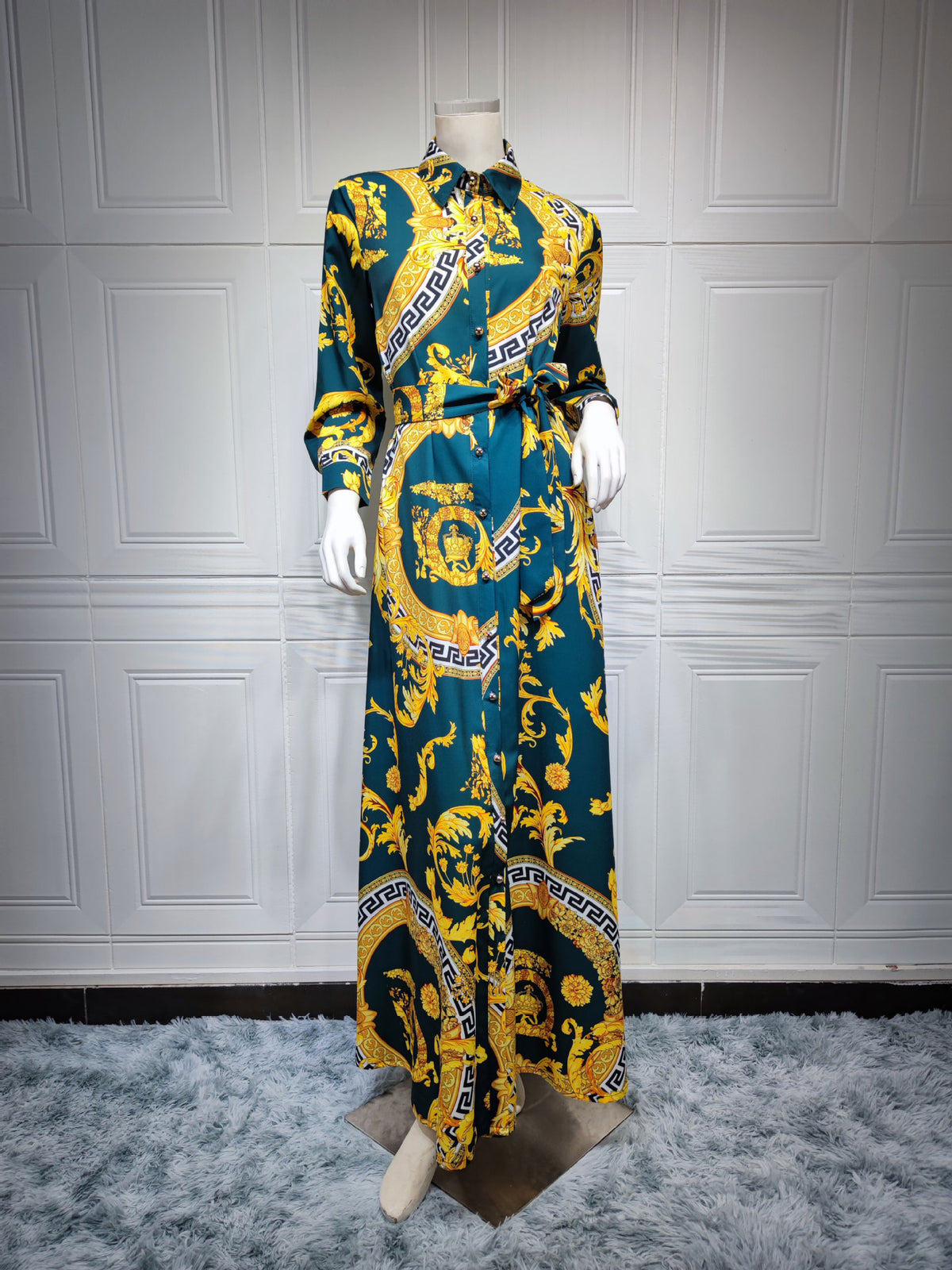 Ladies print shirt dress by American Smart EP featuring a stylish Middle East-inspired design, perfect for casual or semi-formal wear.