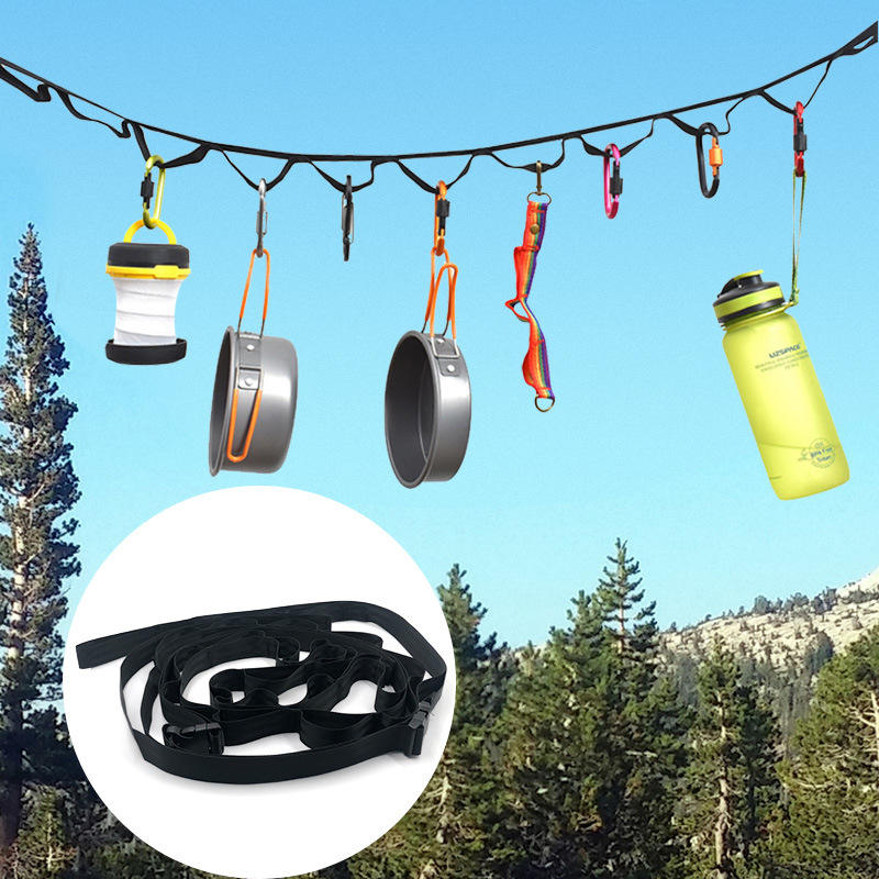 American Smart outdoor camping tent storage rope with 19 hook hangers, adjustable clothesline strap for camping and outdoor use.