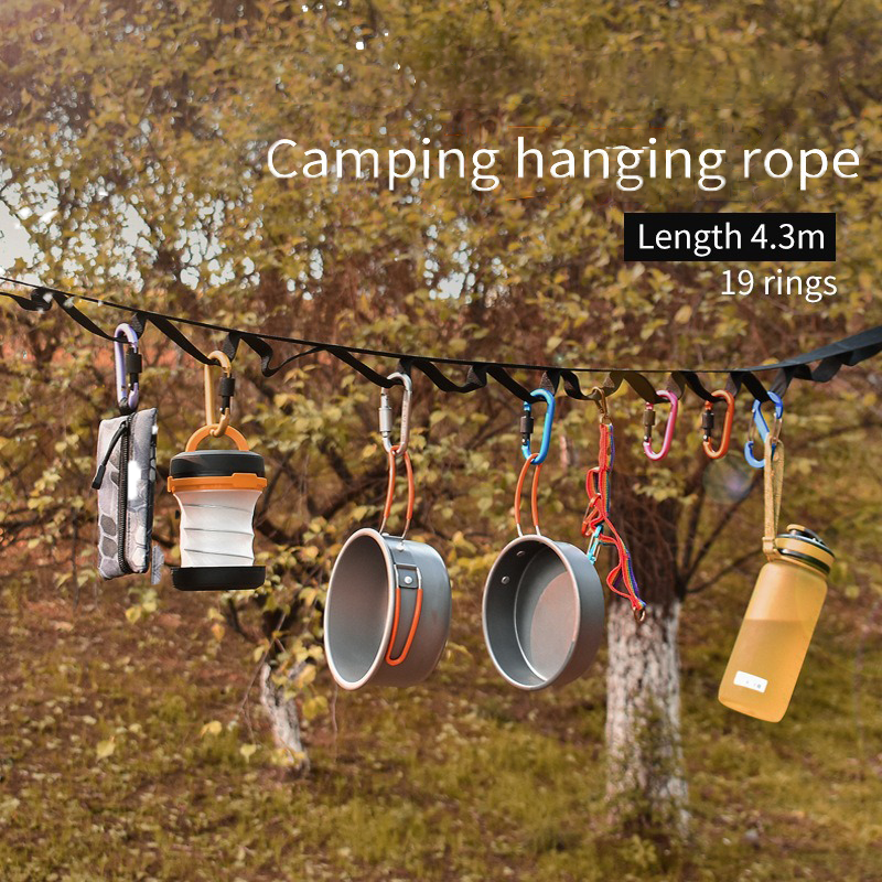 Outdoor camping tent storage rope with 19 hooks, adjustable clothesline strap by American Smart - EP for hanging clothes and gear.