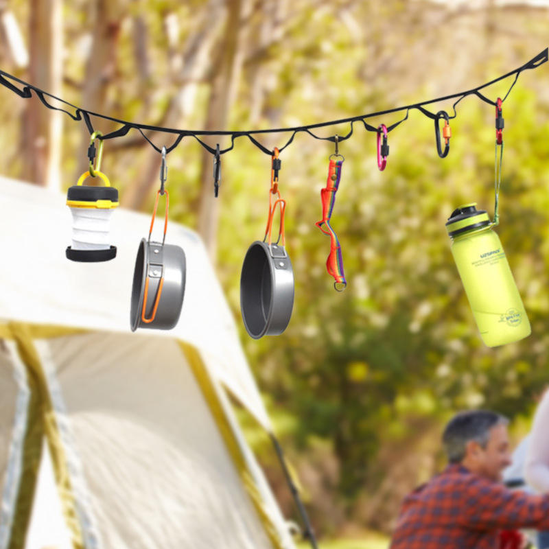 American Smart outdoor camping tent storage rope with 19 hook hangers, adjustable clothesline strap for camping and outdoor use