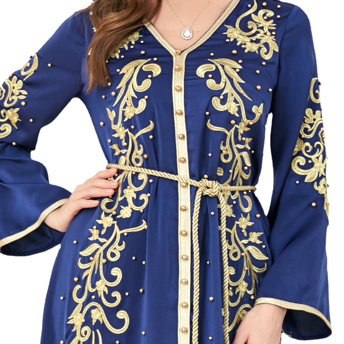 Elegant Middle Eastern women's Arab dress with V-neck and long sleeves, by American Smart - EP, showcasing traditional style and flowing fabric.