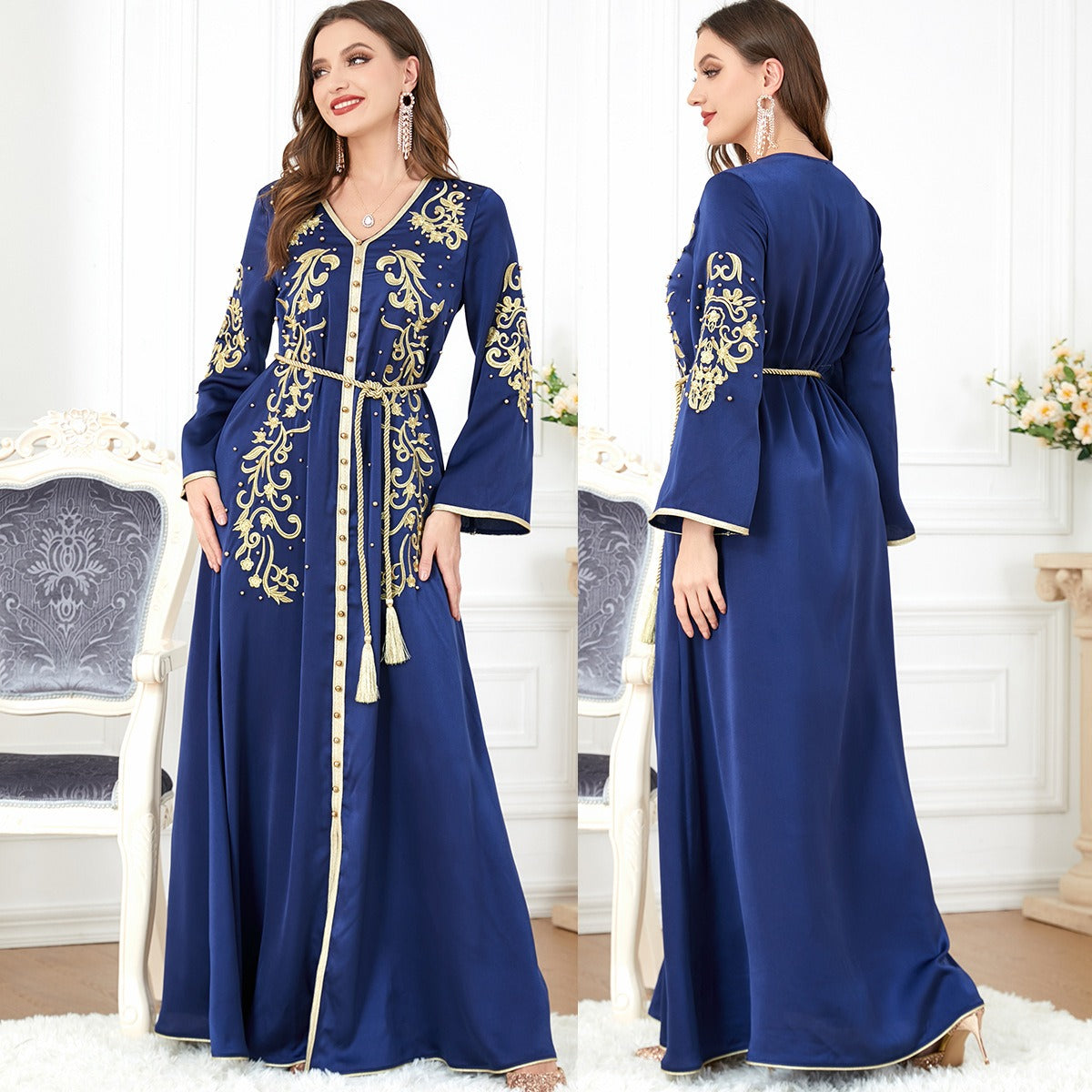 Middle Eastern women's Arab long sleeve V-neck dress by American Smart EP, featuring traditional style and elegant design.
