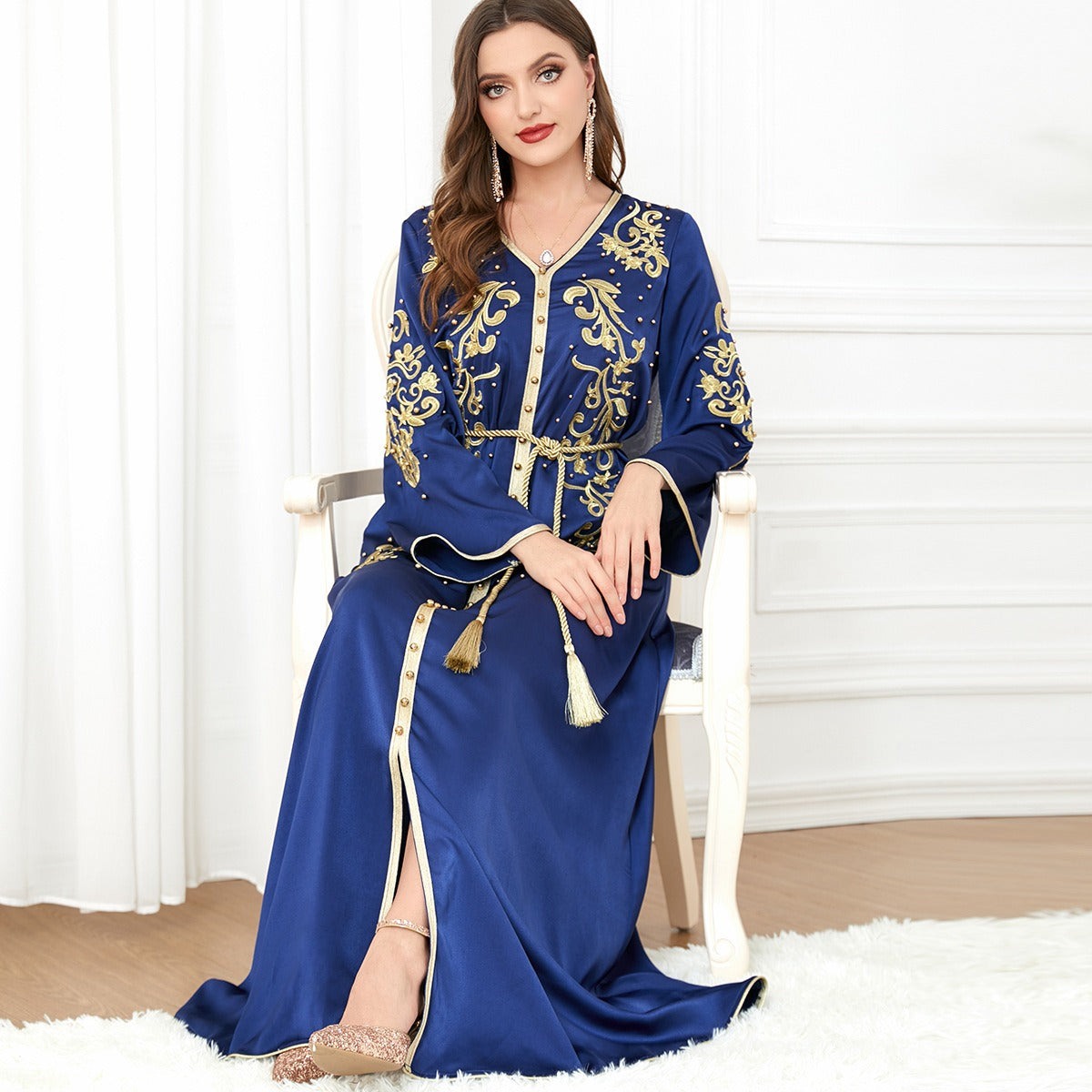 Middle Eastern women's Arab dress with V-neck and long sleeves, by American Smart - EP, featuring traditional style and elegant fabric.