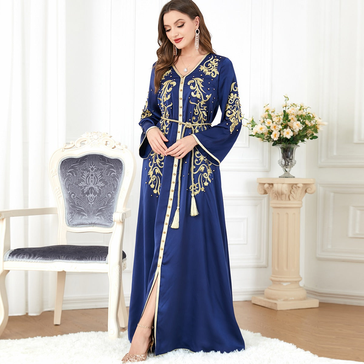 Elegant Middle Eastern women's Arab dress with a V-neck and long sleeves, designed by American Smart - EP.