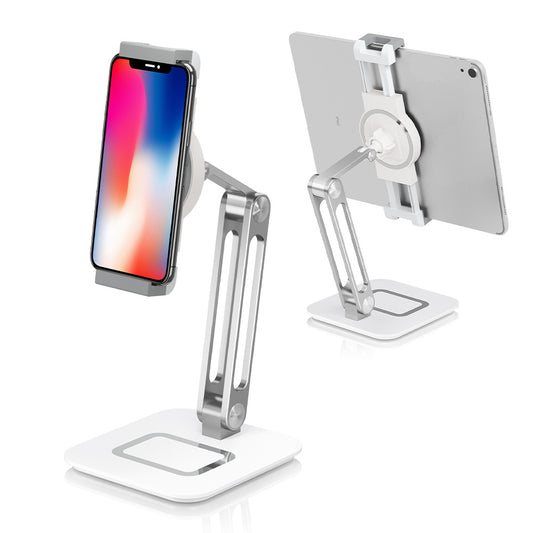Universal aluminum desktop foldable tablet and phone stand holder by American Smart - EP, showing a sleek, adjustable design on a desk.