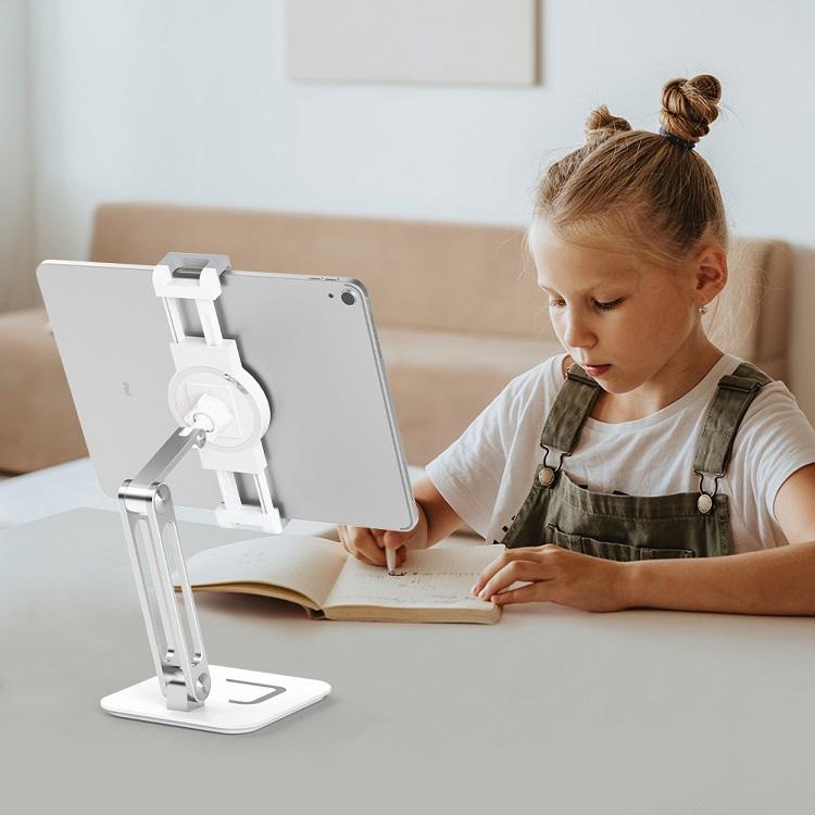 Universal aluminum desktop foldable tablet and phone stand holder by American Smart EP, showing a sleek, adjustable design on a workspace.