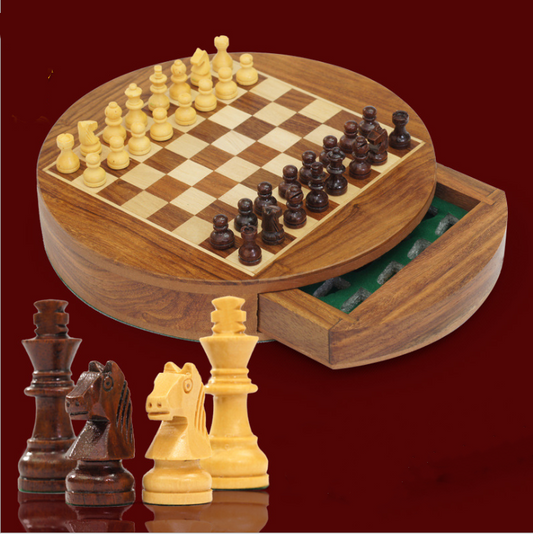 Magnetic wooden chess set by American Smart EP featuring classic chess pieces on a wooden board.