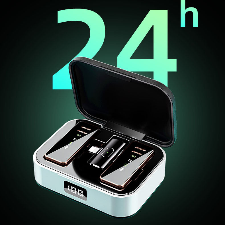 American Smart EP S18 wireless lavalier microphone with charging compartment, noise reduction, digital display, and live recording features.