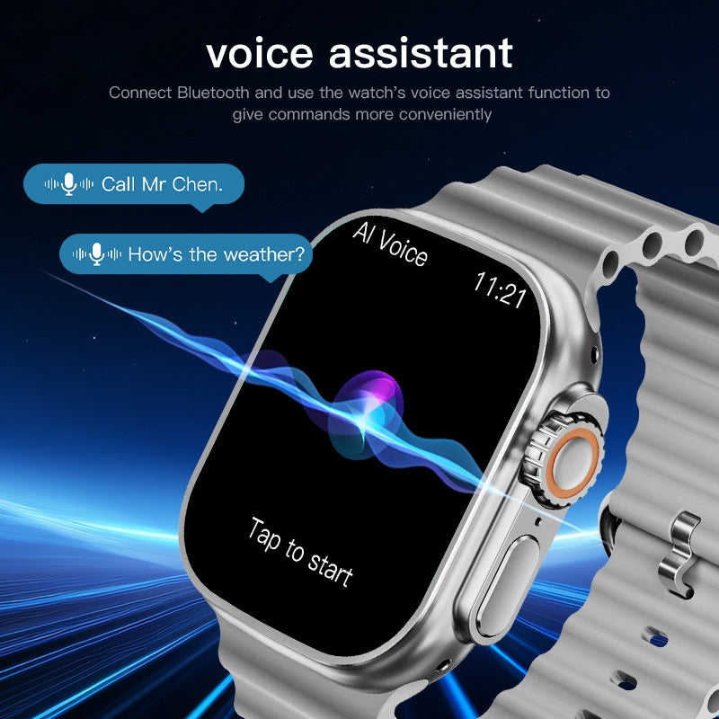 American Smart Ultra Sport S9 Ultra smartwatch displaying digital time and fitness tracking on a black strap screen.