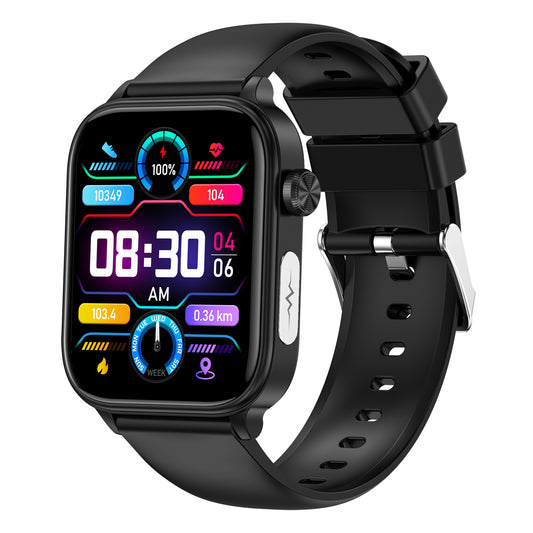 American Smart ET570 smartwatch displaying ECG electrocardiogram, Bluetooth call, blood test icons, and health monitoring features.