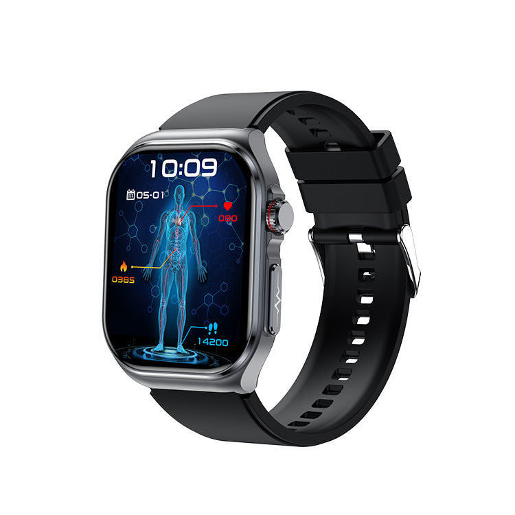 American Smart ET585 smartwatch displaying ECG, blood sugar, heart rate, blood oxygen, and NFC features in a close-up shot.