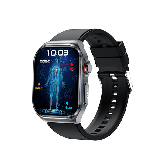 American Smart ET585 smartwatch displaying ECG, blood sugar, heart rate, blood oxygen, and NFC features in a close-up shot.