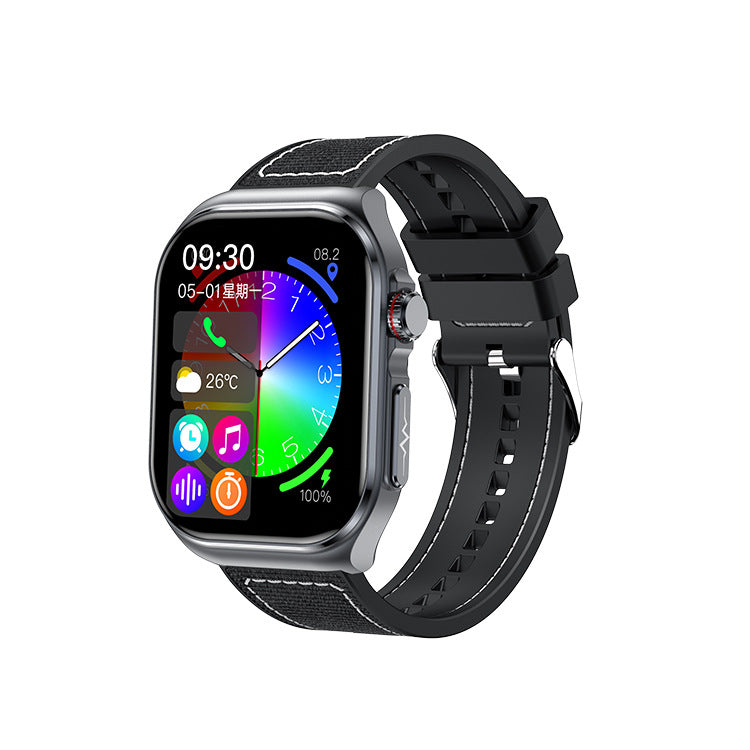 American Smart ET585 smartwatch displaying ECG, blood sugar, blood oxygen, heart rate, and NFC features on its screen.