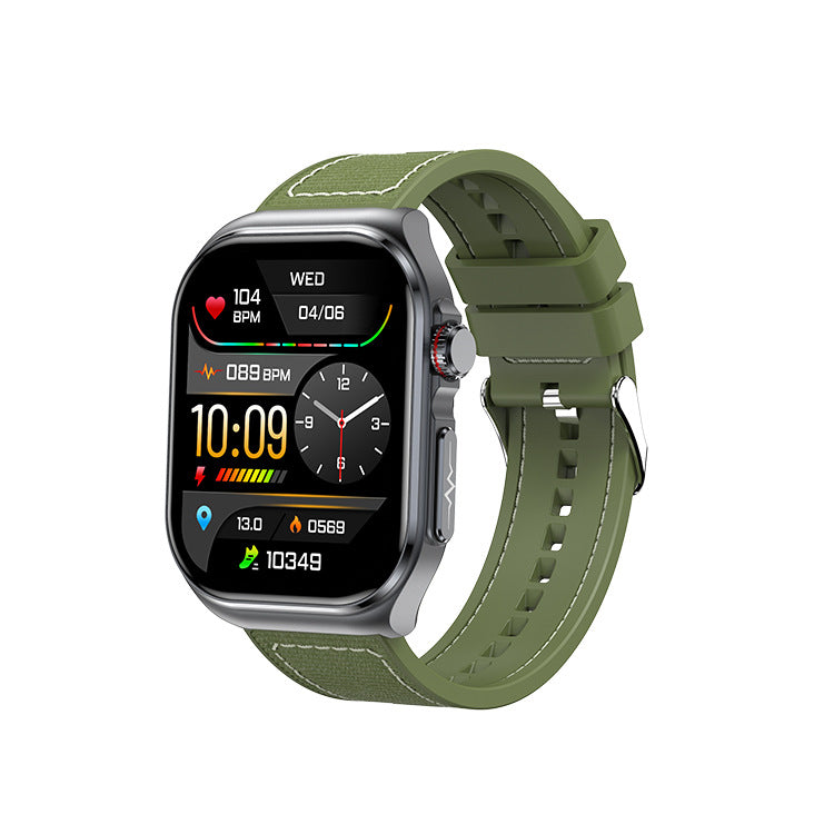 American Smart ET585 smartwatch displaying ECG, heart rate, blood oxygen, blood sugar, uric acid, and NFC features.