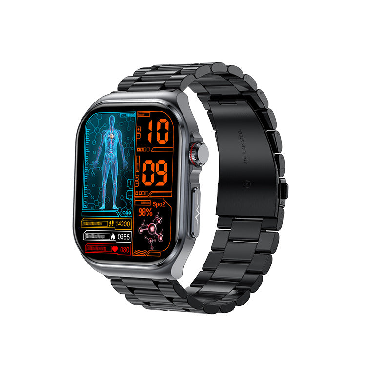 American Smart ET585 smartwatch displaying ECG, blood sugar, blood oxygen, and heart rate monitoring features.