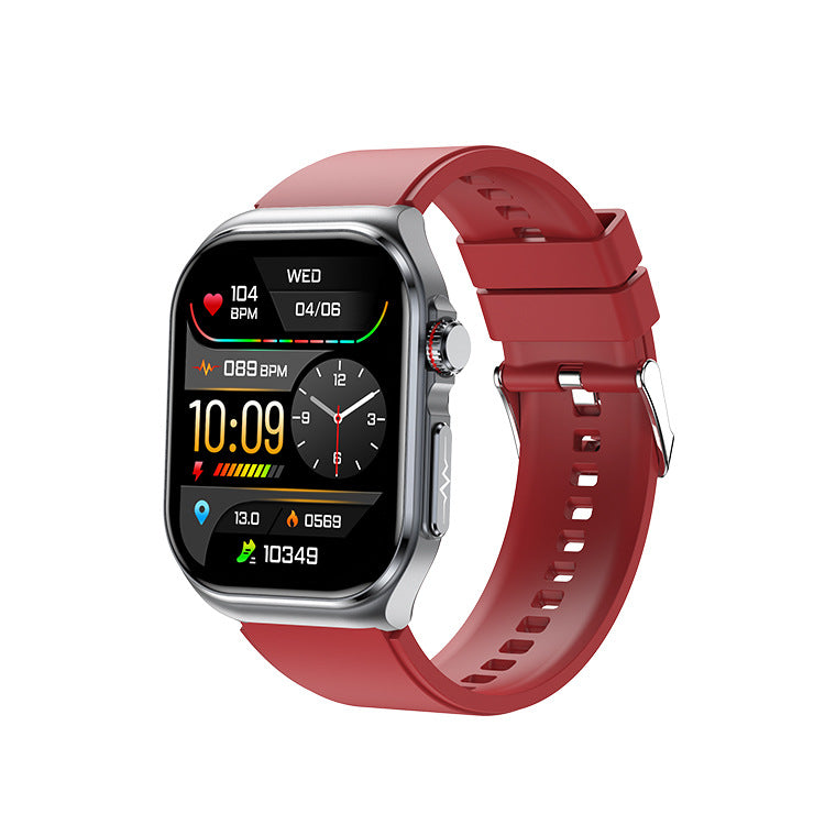 American Smart ET585 smartwatch displaying ECG, blood sugar, blood oxygen, heart rate, and NFC features on its screen.