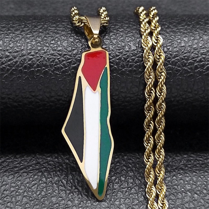 Stainless steel Palestine map pendant necklace featuring a stylish personality design, perfect for fashion and cultural expression.