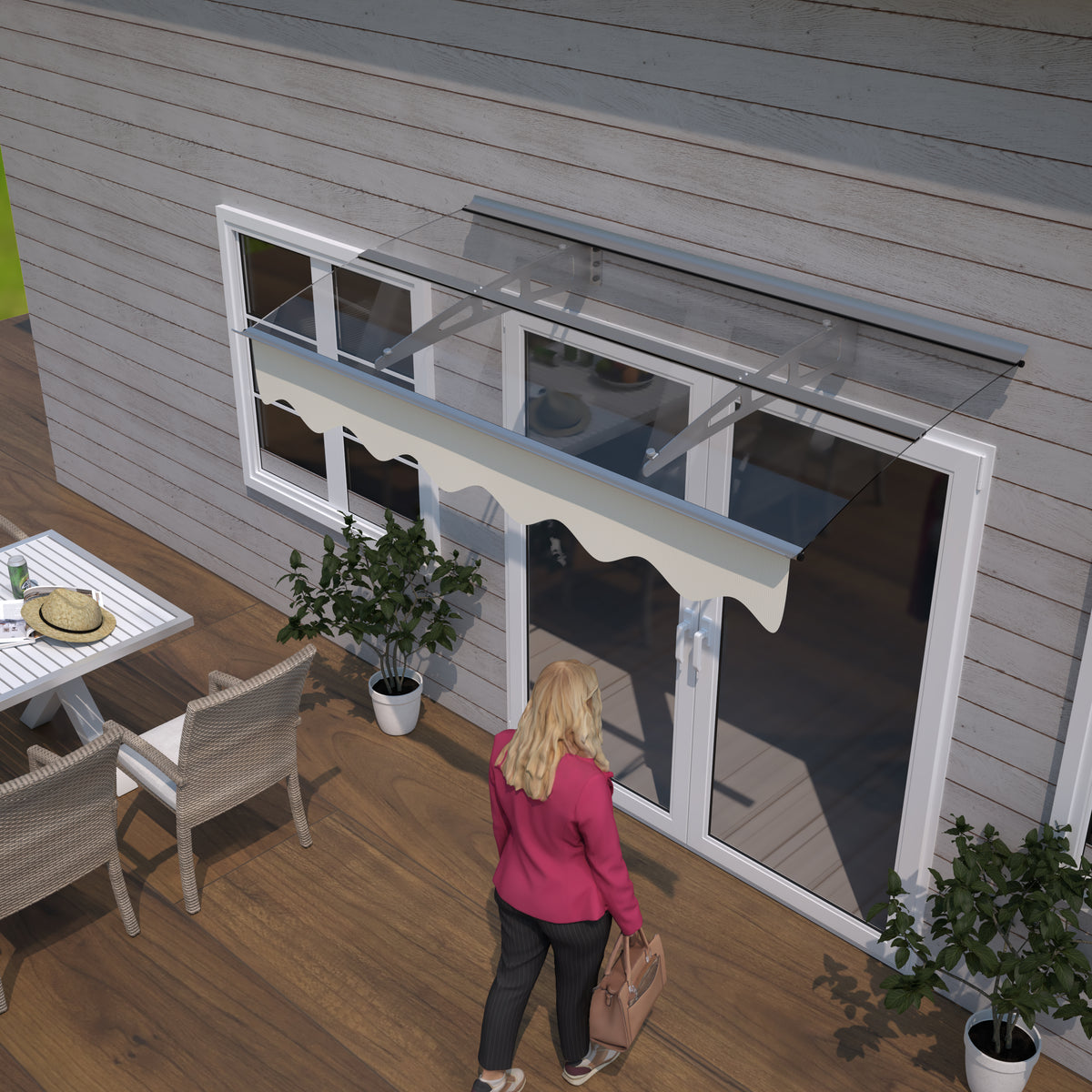 American Smart 5934W series door window awning canopy in clear polycarbonate, 59x34 inches, with 3.5mm thick solid sheet