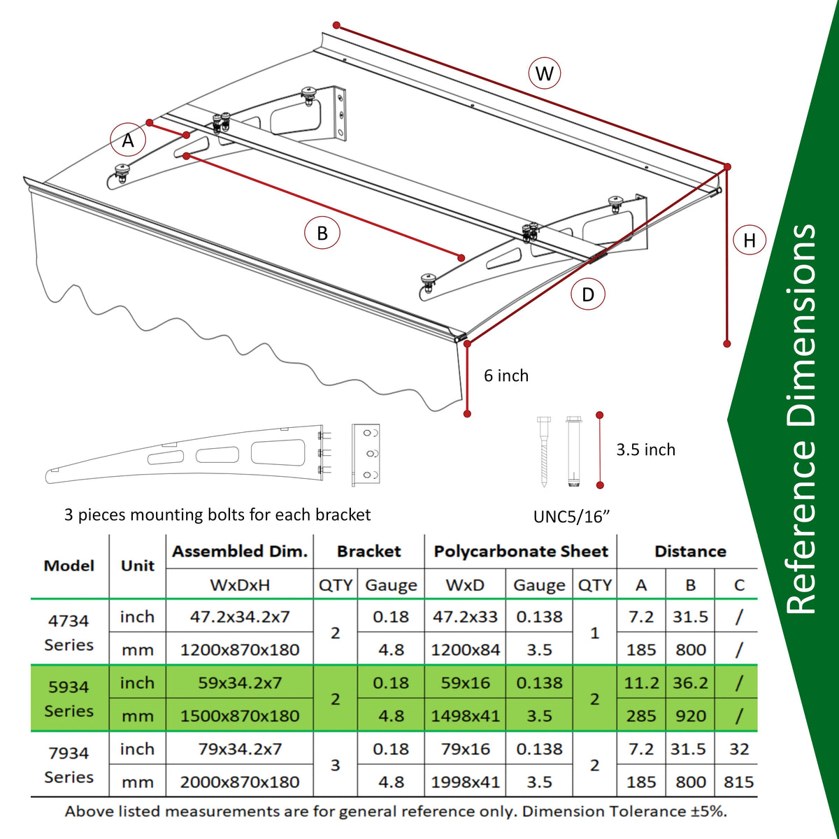 American Smart EP 5934W series door window awning canopy in clear polycarbonate, 59x34 inches, with 0.137 inch thick sheet.