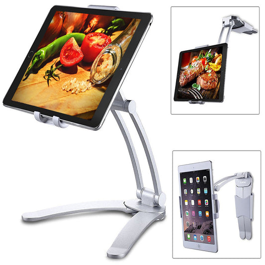 American Smart wall-mounted metal tablet stand holding a 5-10.5 inch tablet and smartphones for easy viewing and access.